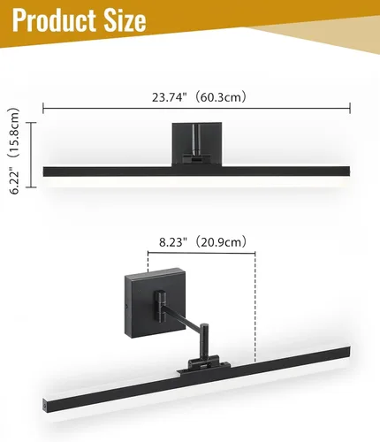 Miniatura 2 de Moderna lámpara de tocador negra ajustable LED para baño sobre espejo giratorio (negro, 23.6 pulgadas, 5CCT regulable)