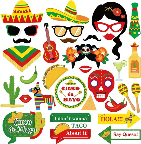 Miniatura 3 de SWYOUN Cinco de Mayo Taco Fiesta Photo Booth Props Mexican Party Supplies Decoración con marco de papel (paquete de 33)