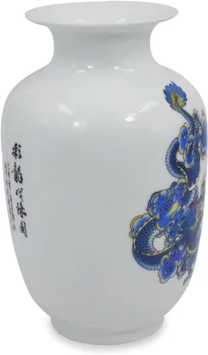 Miniatura 4 de Dahlia Jarrón azul y blanco, florero de porcelana china hecho a mano, diseño de dragón, forma de melón de 8.5 pulgadas Motivo de dragón