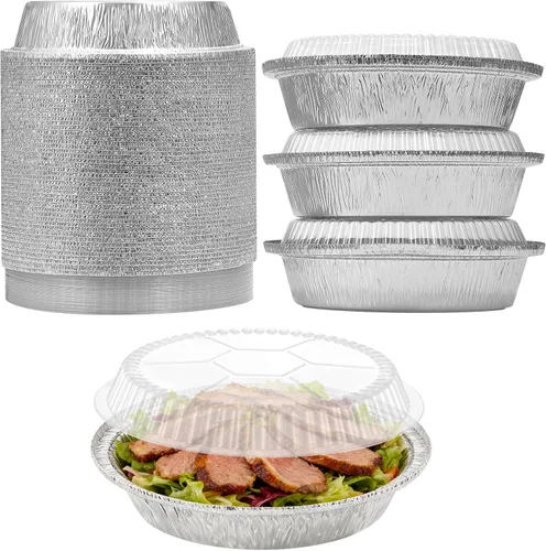 Miniatura 9 de Sartenes redondos de papel de aluminio de 7 pulgadas con tapas transparentes, paquete de 50 Apto para horno y congelador, diseño desechable, ideal
