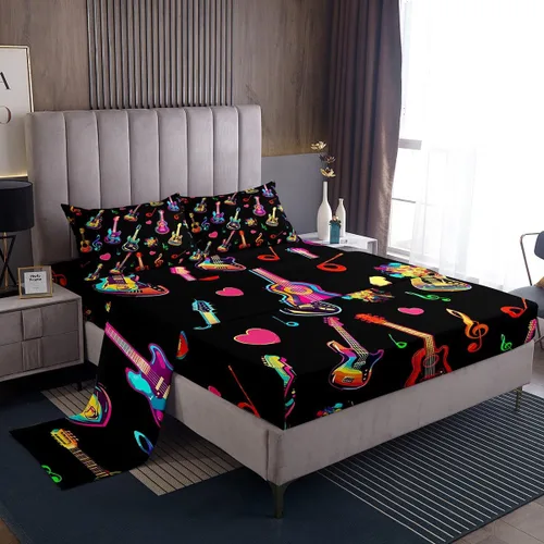 Miniatura 63 de Castle Fairy Juego de sábanas de botas de vaquero, tamaño individual, juego de ropa de cama de guitarra musical bohemia de 3 piezas para niños