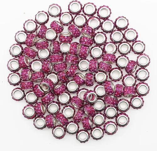 Miniatura 19 de Decoendiy 100 cuentas europeas de diamantes de imitación, cuentas espaciadoras de diamantes de imitación de agujero grande, cuentas planas redondas