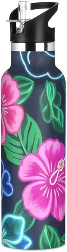 Summer Neon Hibiscus Frangipani Flower - Botella de agua ligera con aislamiento deportivo con asa, para bebidas calientes y frías, doble pared para