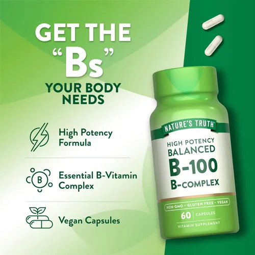 Miniatura 5 de Nature's Truth Complejo de vitamina B para mujeres y hombres 60 cápsulas B-100 de alta potencia Suplemento vegano, sin OMG y sin gluten