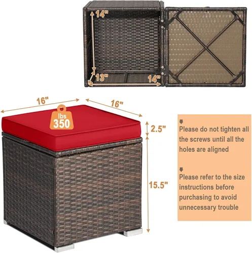 Miniatura 3 de RELAX4LIFE Otomana de mimbre para almacenamiento al aire libre, reposapiés de ratán de 2 piezas con cojín extraíble, reposapiés multiusos, mesa Rojo