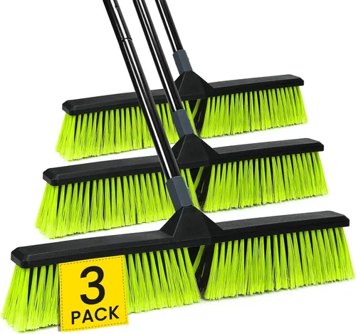 Paquete de 3 escobas de empuje de 24 pulgadas para exteriores, escoba resistente con mango de 63 pulgadas de largo, escoba de garaje con cerdas