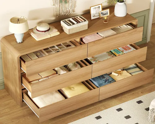 Miniatura 3 de TEENFON 55" Dresser for Bedroom with 6 Drawers, Dressers & Chests of Drawers with Curved Profile Design, 6 Drawer Dresser, Bedroom Dressers, Wood