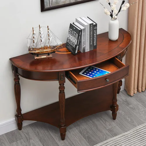 Miniatura 6 de Mesa de entrada de madera maciza con cajón, mesa de sofá semicírculo con estante de almacenamiento, tallas laterales de media luna, elegante mesa
