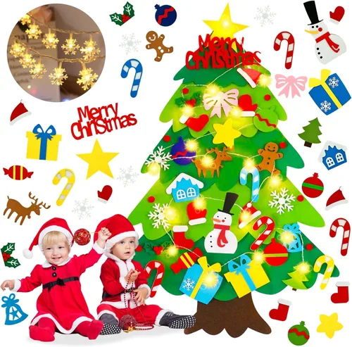 EMPOF Árbol de Navidad de fieltro para niños pequeños - Juego de árbol de fieltro de bricolaje de 1 m con luces de copos de nieve + 32 adornos, Luz