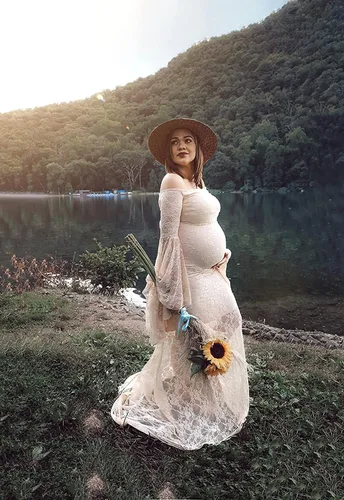 Miniatura 4 de Saslax Vestido de maternidad de encaje con hombros descubiertos para fotografía, maxi accesorios de maternidad, vestidos para sesión de fotos, baby