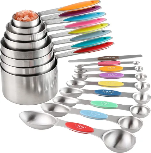 Juego de tazas y cucharas medidoras de acero inoxidable, incluye 8 tazas medidoras apilables, 8 cucharas medidoras magnéticas de doble cara con 1