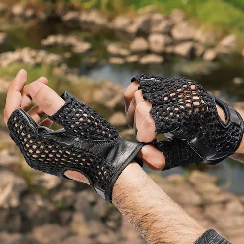 Miniatura 6 de Guantes de entrenamiento sin dedos transpirables acolchados de cuero, espalda de ganchillo, negro (XS)