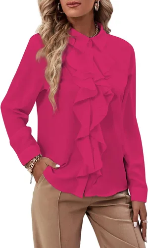 Miniatura 17 de LYANER - Blusa de manga larga con cuello de botón y volantes en la parte delantera para mujer