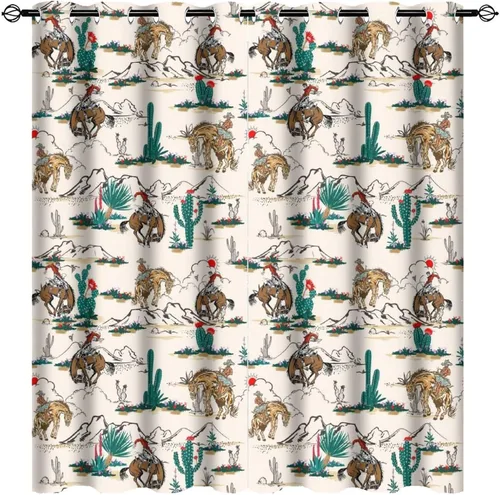Miniatura 19 de Cortinas opacas retro de vaquero occidental para dormitorio, estilo rústico, cactus, salvaje oeste, vaquero, paseo, caballo, con ojales, aislamiento