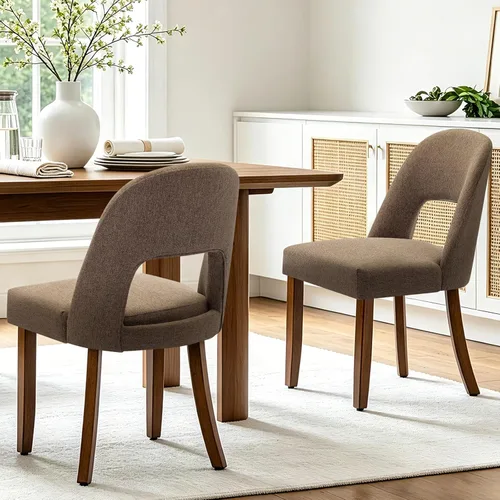 Miniatura 34 de Juego de 2 sillas de comedor de madera, modernas sillas de comedor tapizadas para cocina con tela de lino y respaldo abierto, patas de madera