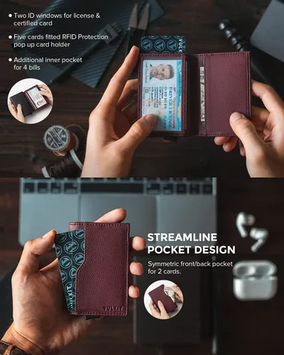 Miniatura 3 de VULKIT Tarjetero con ventana de identificación, tarjetas emergentes, delgada, de cuero, con protección RFID, hasta 12 tarjetas, funda para tarjetas