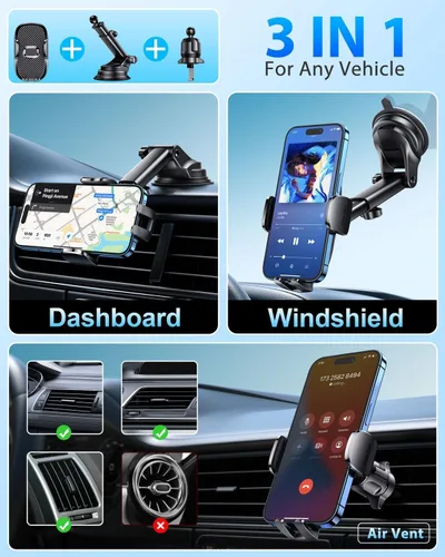 Miniatura 2 de Soporte para teléfono de automóvil [ventosa de 360° de grado militar] Soporte de teléfono para tu automóvil, accesorios universales, salida de aire