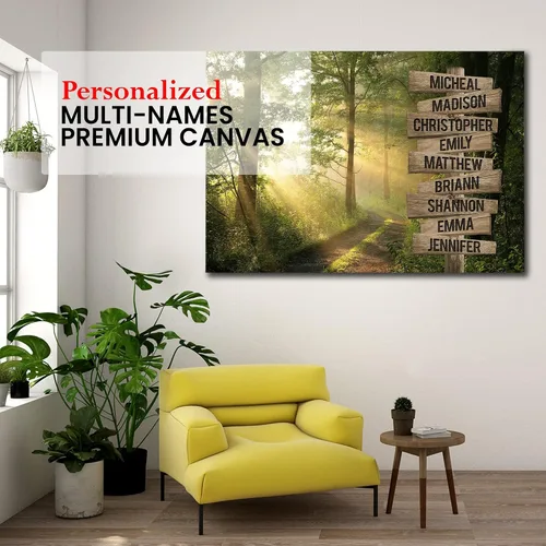 Miniatura 4 de MySoulAndSpirit Store - Lienzo personalizado con múltiples nombres de sol a través del bosque, arte de pared personalizado con nombre de la familia
