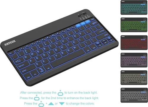 Miniatura 6 de Arteck HB220B Universal Retroiluminado 7 colores y brillo ajustable Multi-dispositivo delgado portátil inalámbrico Bluetooth 3.0 teclado para iOS