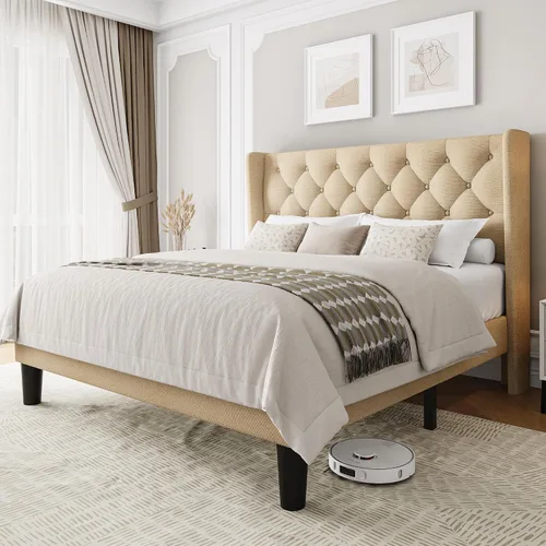 Einhomn Base de cama de plataforma de tamaño matrimonial con cabecera tapizada de tela, 10 pulgadas debajo de la cama, soporte de listones de madera