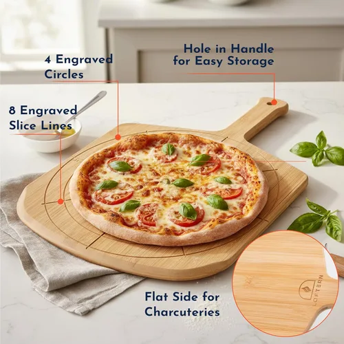 Miniatura 4 de Pizarra de madera de 12 pulgadas con tamaños grabados, tabla de cortar de pizza de bambú multiusos, cáscara de pizza de madera, espátula de pizza