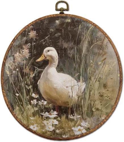 Miniatura 22 de DOFQZ Decoración de pared redonda de pollo occidental, arte de pared enmarcado del suroeste de campo, lienzo retro de pollo vaquero para colgar
