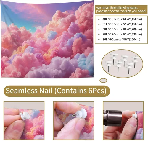 Miniatura 6 de LB Tapiz de nube rosa para colgar en la pared, cielo azul y fantasía, nube pastel, paisaje natural, tapiz de pared para dormitorio, arte de pared