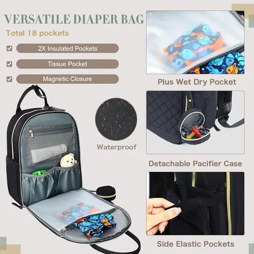 Miniatura 3 de Mochila para pañales con cambiador, bolsas de maternidad grandes para recién nacidos, 18 bolsillos, bolsillos aislados, correas para cochecito, Negro