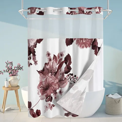 Miniatura 12 de Juego de cortina de ducha y forro sin gancho, cortinas de ducha florales negras para baño, juegos de cortinas de baño de hotel moderno con forro a