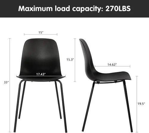 Miniatura 3 de Juego de 4 sillas de cocina de mediados de siglo, sillas de comedor de plástico negro, sillas para exteriores con patas de metal para sala de estar