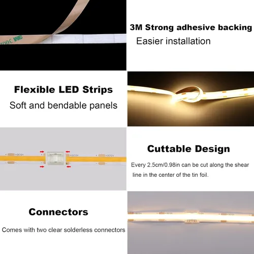 Miniatura 4 de TOPAI Tira de luz LED COB de 12 V, 3000 K, blanco cálido, impermeable, IP65, 480 LEDs/M, súper brillante, 4000 lúmenes, CRI>90, 16.4 pies, sin