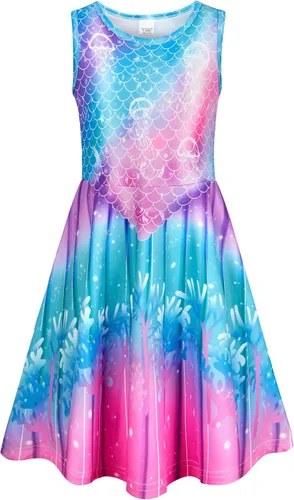 Funnycokid Vestido de sirena para niñas y niños, vestido de verano sin mangas, traje de cumpleaños, ropa de fiesta de 4 a 13 años