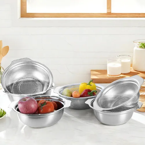 Miniatura 6 de Colador de acero inoxidable para cocina, colador de arroz de 2.5 cuartos con tazón para mezclar, juego de cuencos coladores con microporoso