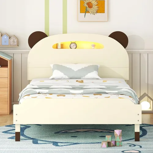 Miniatura 10 de Cama de plataforma de madera de tamaño individual con cabecero y estribo en forma de oso, sin ruido, para niños, adolescentes, niños y niñas,