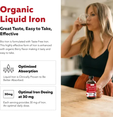 Miniatura 3 de Suplemento de hierro líquido Certificado orgánico, sabor a bayas, alimento entero, refuerzo de absorción de vitamina C y construcción de sangre