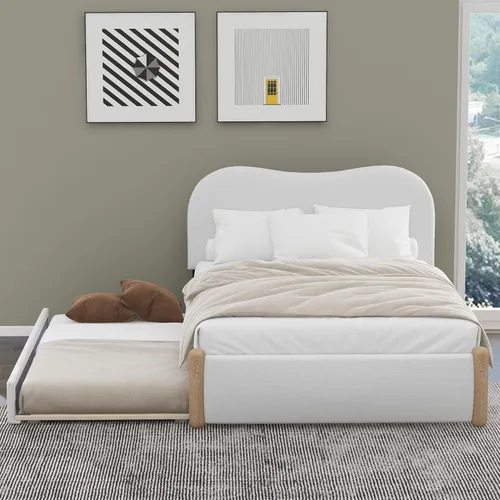 Miniatura 3 de SOFTSEA Cama de plataforma de tamaño matrimonial con nido, cama matrimonial tapizada con cabecero curvado para niños, adolescentes, invitados, tela
