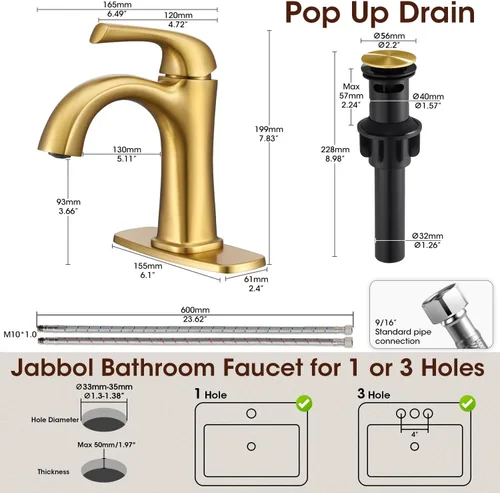 Miniatura 2 de Grifos de Baño de Un Solo Orificio Oro Cepillado, Grifo de Baño Oro Cepillado, Grifo de Fregadero de Latón de Una Sola Manija para Baño para 1 o 3