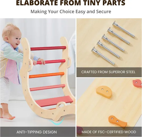 Miniatura 7 de Conjunto de triángulo Pikler BlueWood, juguetes de escalada de madera para niños pequeños, juguete de escalada plegable de 7 en 1 para niños
