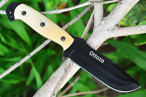 Miniatura 8 de Ottoza Cuchillo de caza de hoja fija con funda de cuero y transporte horizontal, cuchillo de supervivencia y campamento al aire libre de espiga