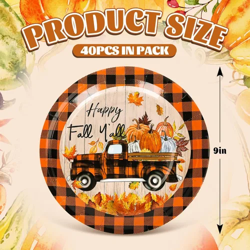 Miniatura 2 de Whaline 40 platos de papel de otoño de 9 pulgadas, platos de papel desechables a cuadros de búfalo naranja y negro, platos de papel desechables