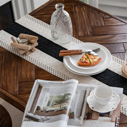 Miniatura 2 de Camino de mesa de macramé, color beige crema y negro, bohemio, con borlas, de algodón, tejido a mano, rústico, rural, para mesa de cocina y comedor