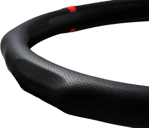 Miniatura 3 de Funda de volante de cuero napa perforado deportivo de instalación rápida con ribete de rayas circulares rojas, ajuste universal para cualquier auto