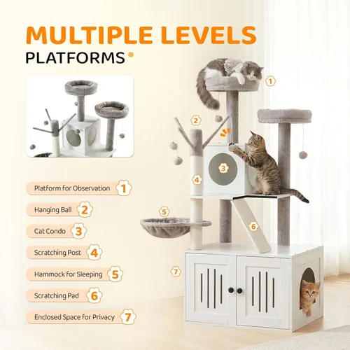 Miniatura 4 de VINGLI Cat Tree Tower with Litter Box, 54" H All-in-1 Wooden Cats Condo, Cat Tower wih Scratching Posts, Houses for Indoor Kittens Hidden Cat