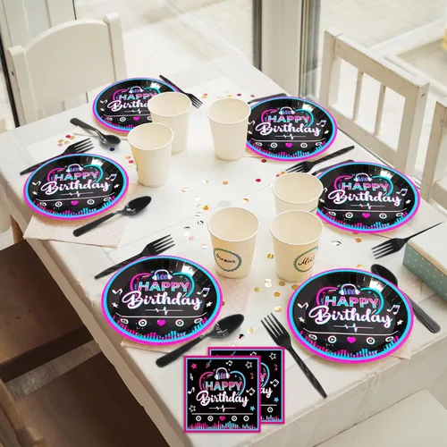 Miniatura 6 de 96 piezas de suministros para fiesta musical con vajilla para niñas, juego de decoración temática musical para fiesta de cumpleaños, platos