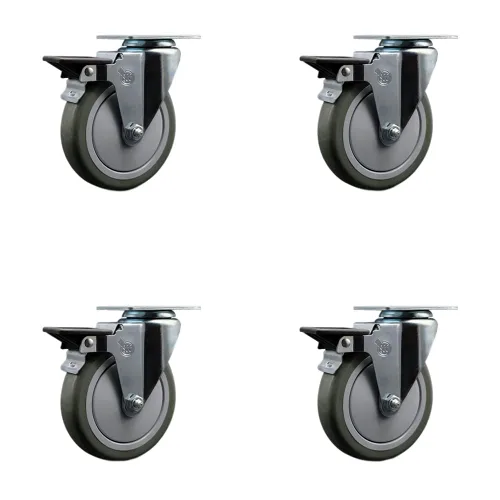 Juego de 4 ruedas giratorias con placa superior de poliuretano de 5 pulgadas en color gris - Incluye 4 ruedas giratorias con frenos Posi Lock - 4