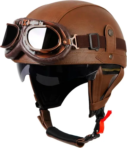 Miniatura 7 de Casco de motocicleta de cuero de estilo alemán, aprobado por DOT, casco vintage de media cara con gafas y visera oculta, media carcasa