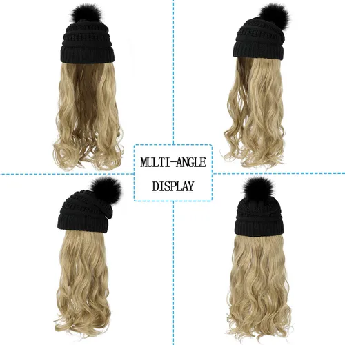 Miniatura 2 de Qlenkay Gorro Beanie con Extensiones de Cabello Largo Ondulado y Rizado Gorra de Punto Adjunta Peluca Sintética de 20 Pulgadas Pieza de Cabello