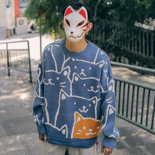 Miniatura 3 de Gato Gráfico Hombres Abuelo Suéter Japonés Gótico Punto Outwear Emo Alt Cuello Redondo Ropa Linda Y2K Tops de Manga Larga
