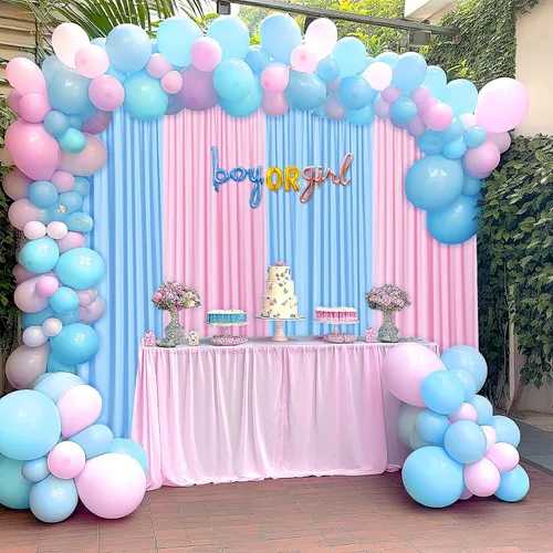 Miniatura 7 de Cortina de fondo de 20 pies × 8 pies sin arrugas azul bebé para fiesta de cumpleaños de niño, 4 paneles de 5 × 8 pies de poliéster azul suave