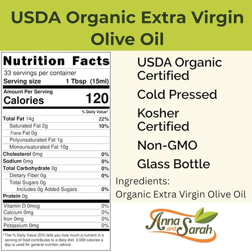 Miniatura 2 de Aceite de oliva virgen extra orgánico USDA – tarro de vidrio de 33.8 fl oz – prensado en frío, certificado Kosher, primera prensa en frío, calidad